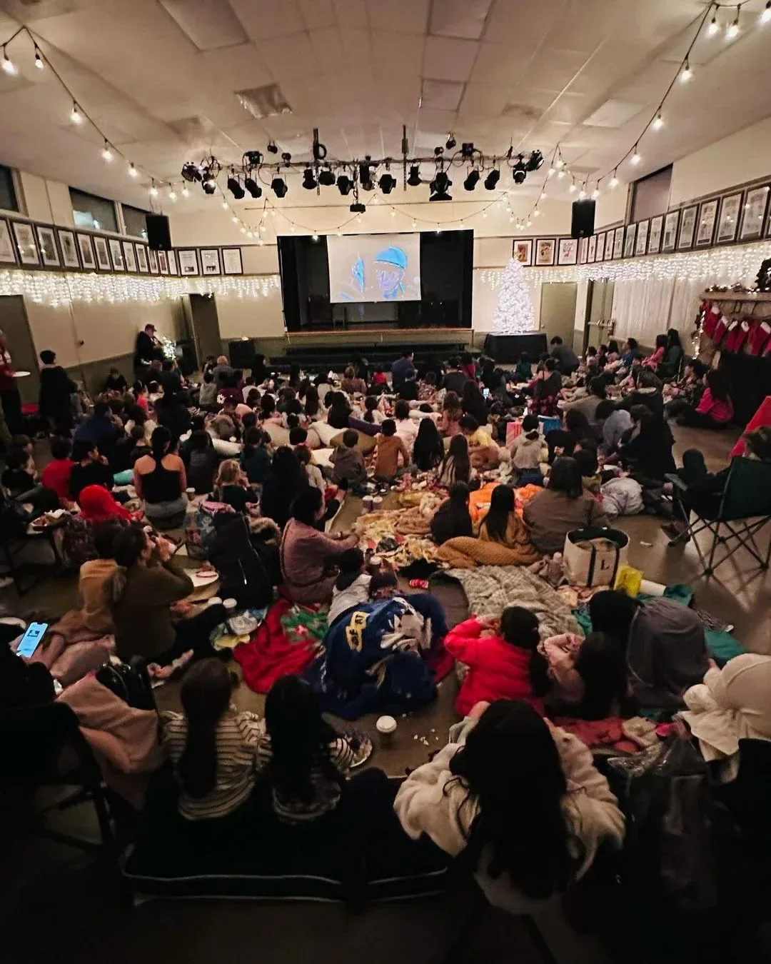 The main room set up for a family movie night